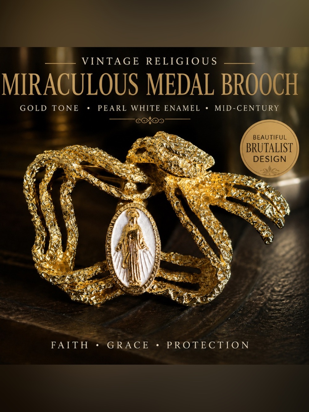 Vintage Miraculous Medal Brooch Gold Tone & White Enamel Mary Pin